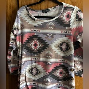 Aztec Pattern Long Sleeve Top - Pink, Gray, Cream